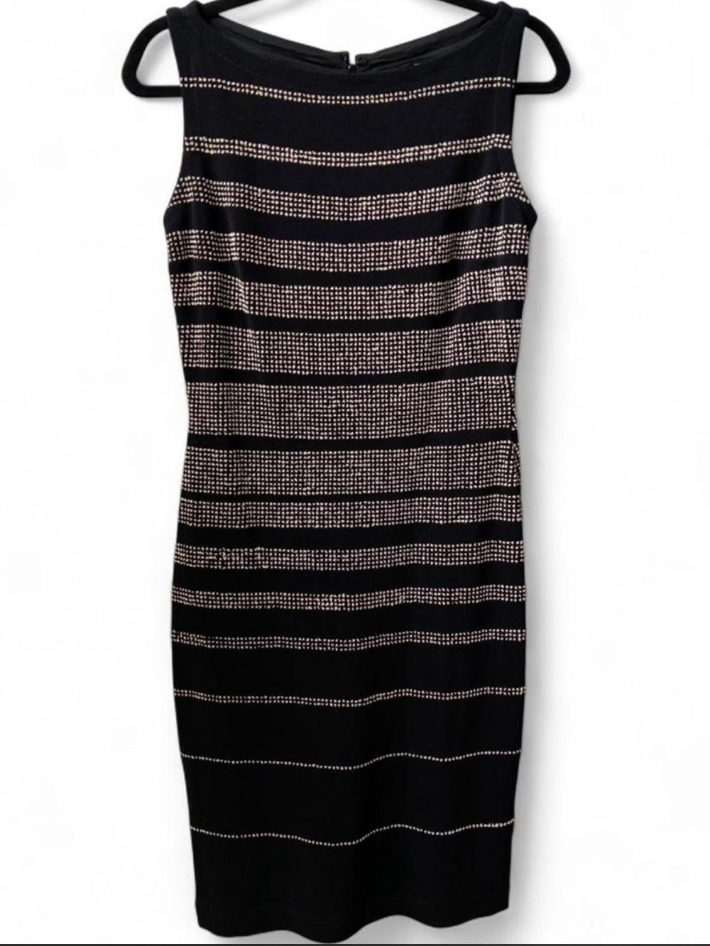 Vintage Tadashi Shoji formal Black Midi Dress Beaded Stripes boat neck luxury M